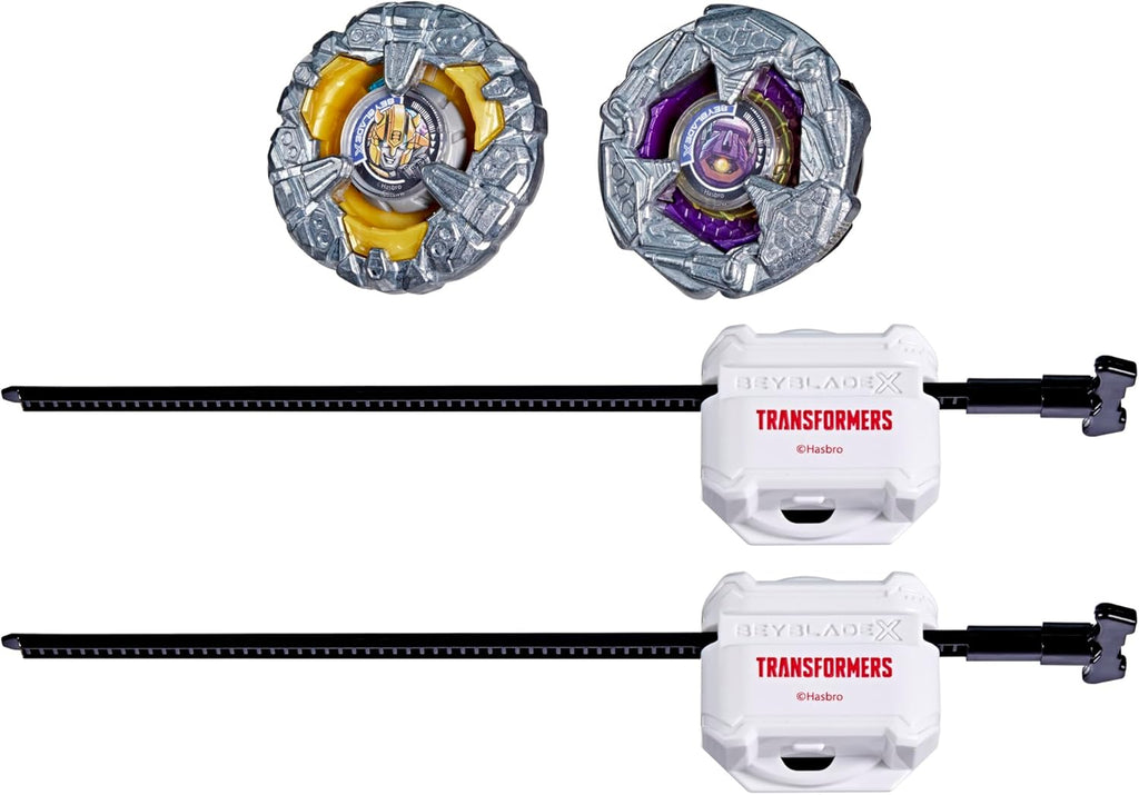 Beyblade X and Transformers Collab, Bumblebee 3-60GP vs. Shockwave 5-80O, 2 Takara Tomy Tops, 2 Launchers, Battling Top Game Toys, Ages 8+ (Amazon Exclusive)