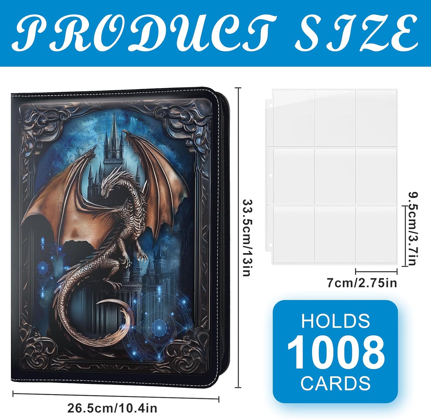 9 Pocket Trading Card Binder 1008 Cards Collection Albums with 56 Removable Sleeves Card Book Holder Premium Leather Collection Storage Binders Compatible with TCG MTG Sport Cards(Dragon)