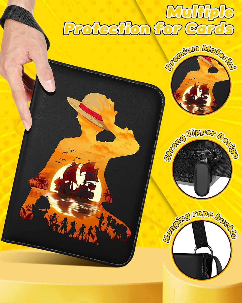 for 4 Pocket Card Binder with 440 Pockets - Trading Card Collection Album Folder for Men Boys Teens Anime Design for Sports Cards Game Cards with Zipper Hand Carrying Rope