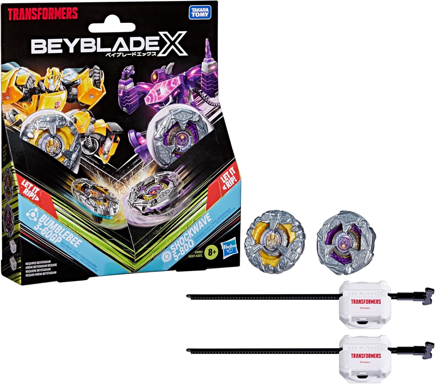 Beyblade X and Transformers Collab, Bumblebee 3-60GP vs. Shockwave 5-80O, 2 Takara Tomy Tops, 2 Launchers, Battling Top Game Toys, Ages 8+ (Amazon Exclusive)