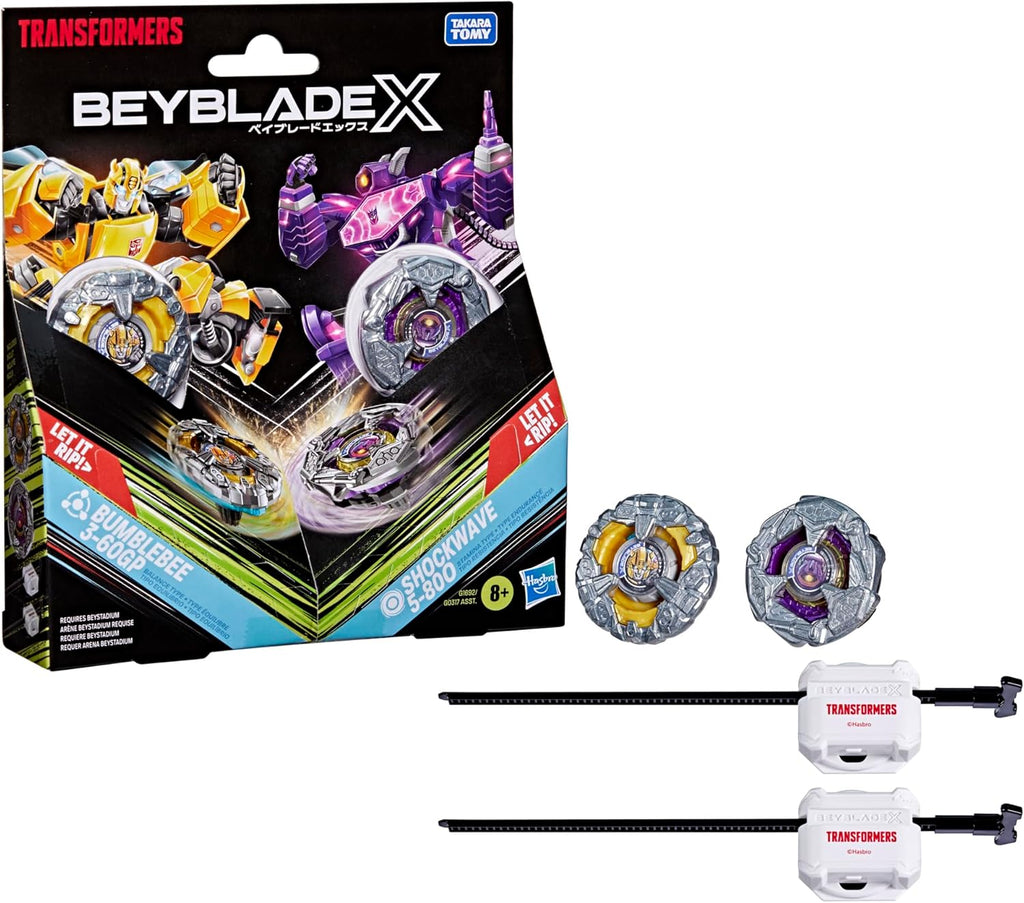 Beyblade X and Transformers Collab, Bumblebee 3-60GP vs. Shockwave 5-80O, 2 Takara Tomy Tops, 2 Launchers, Battling Top Game Toys, Ages 8+ (Amazon Exclusive)