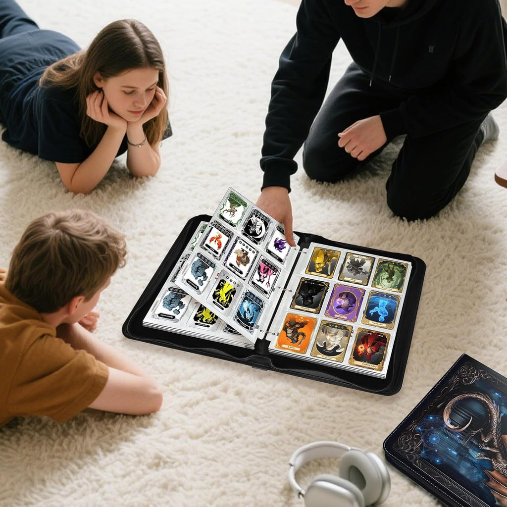 9 Pocket Trading Card Binder 1008 Cards Collection Albums with 56 Removable Sleeves Card Book Holder Premium Leather Collection Storage Binders Compatible with TCG MTG Sport Cards(Dragon)