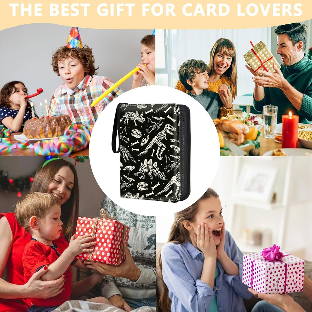 Collectible Trading Card Binder, 400 Card Holders with 50 Removable Sleeves, Portable 4 Pocket Trading Card Collection Albums for Photocard kpop MTG/TCG Game Sports Cards，Funny Dinosaur Bones
