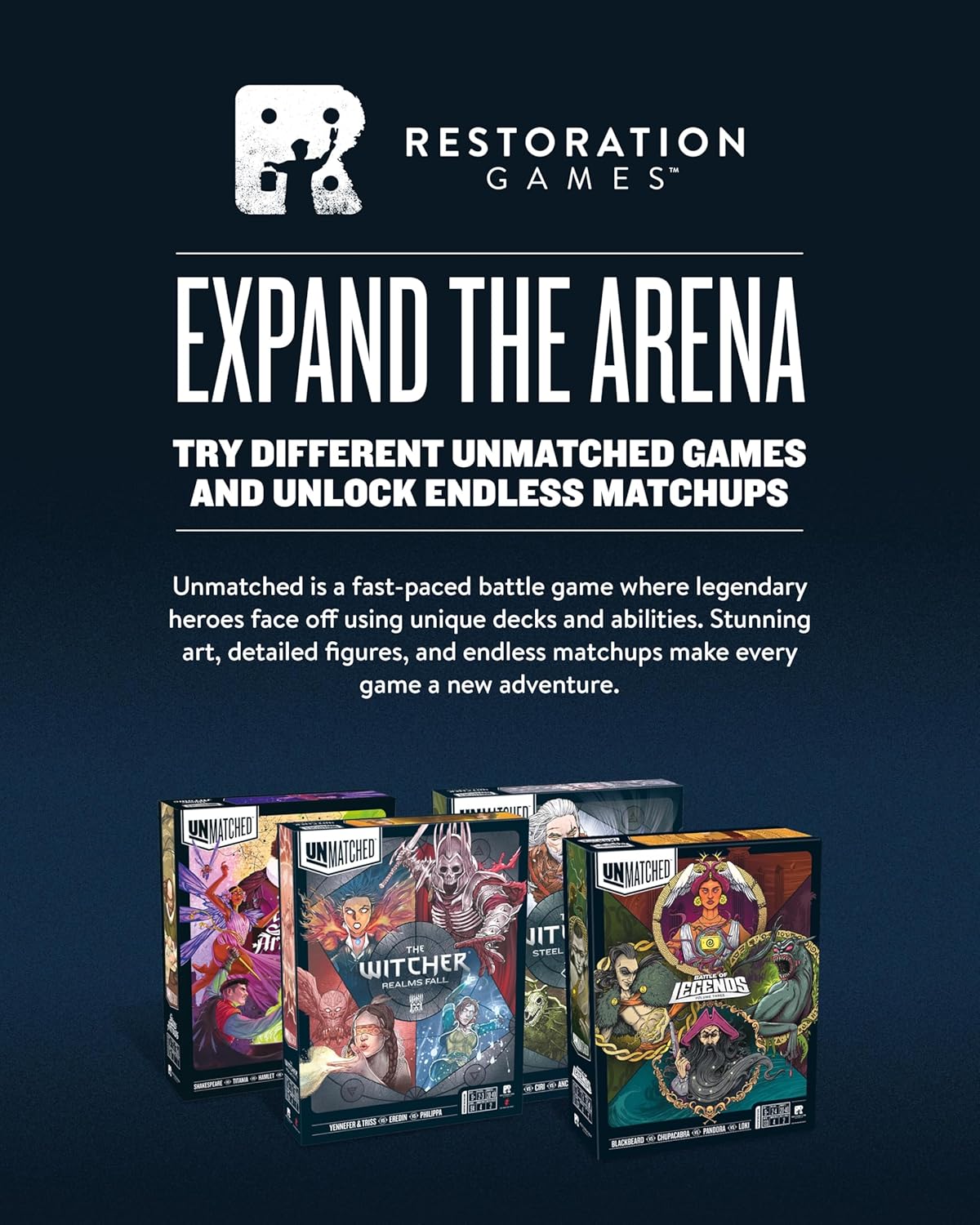 Restoration Games Unmatched Battle of Legends Vol 1 - Strategy Board Game for 2 to 4 Players - Expansion with 4 Heroes and Battlefields - 20-40 Min Playtime - Ages 9+