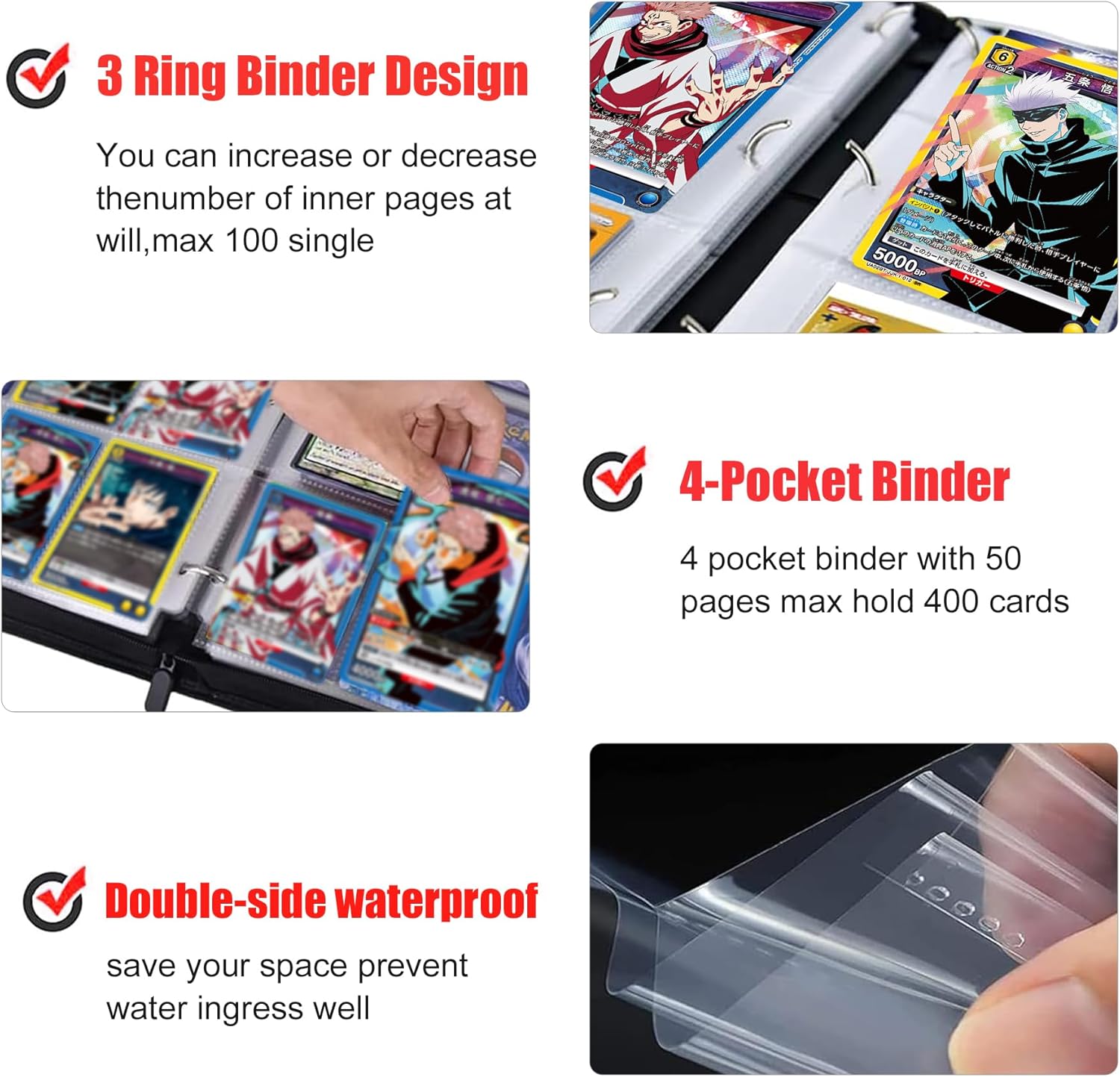 Anime Trading Card Binder for Cards,4 Pocket with 60 Sleeves up to 480 Cards,Waterproof Card Storage Bag with Removable Sleeves for Anime and TCG Cards