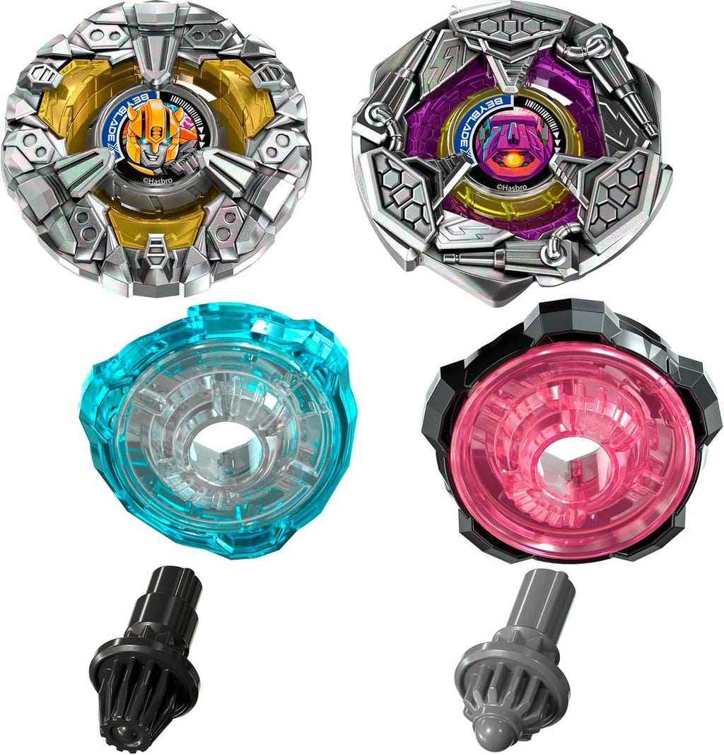 Beyblade X and Transformers Collab, Bumblebee 3-60GP vs. Shockwave 5-80O, 2 Takara Tomy Tops, 2 Launchers, Battling Top Game Toys, Ages 8+ (Amazon Exclusive)