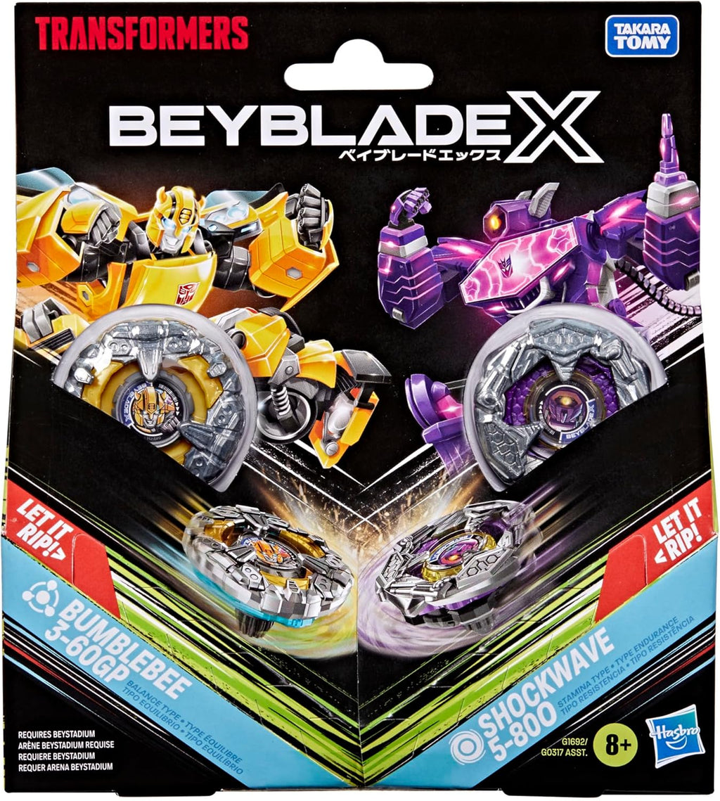 Beyblade X and Transformers Collab, Bumblebee 3-60GP vs. Shockwave 5-80O, 2 Takara Tomy Tops, 2 Launchers, Battling Top Game Toys, Ages 8+ (Amazon Exclusive)