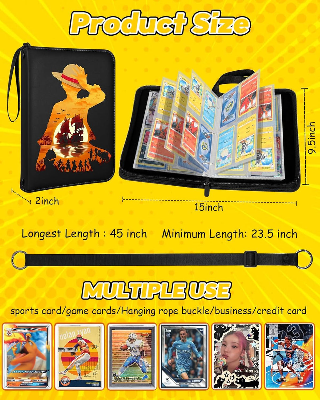 for 4 Pocket Card Binder with 440 Pockets - Trading Card Collection Album Folder for Men Boys Teens Anime Design for Sports Cards Game Cards with Zipper Hand Carrying Rope