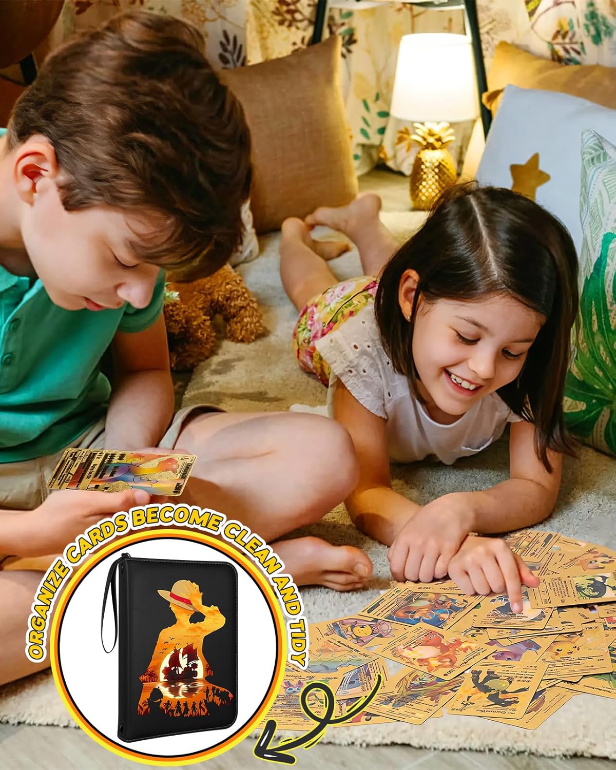 for 4 Pocket Card Binder with 440 Pockets - Trading Card Collection Album Folder for Men Boys Teens Anime Design for Sports Cards Game Cards with Zipper Hand Carrying Rope