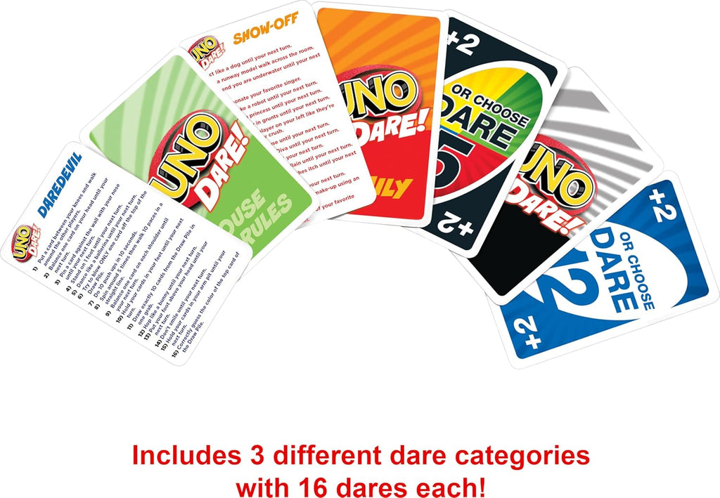 Mattel Games UNO Dare Card Game for Families & Parties Featuring Challenging & Silly Dares from 3 Different Categories