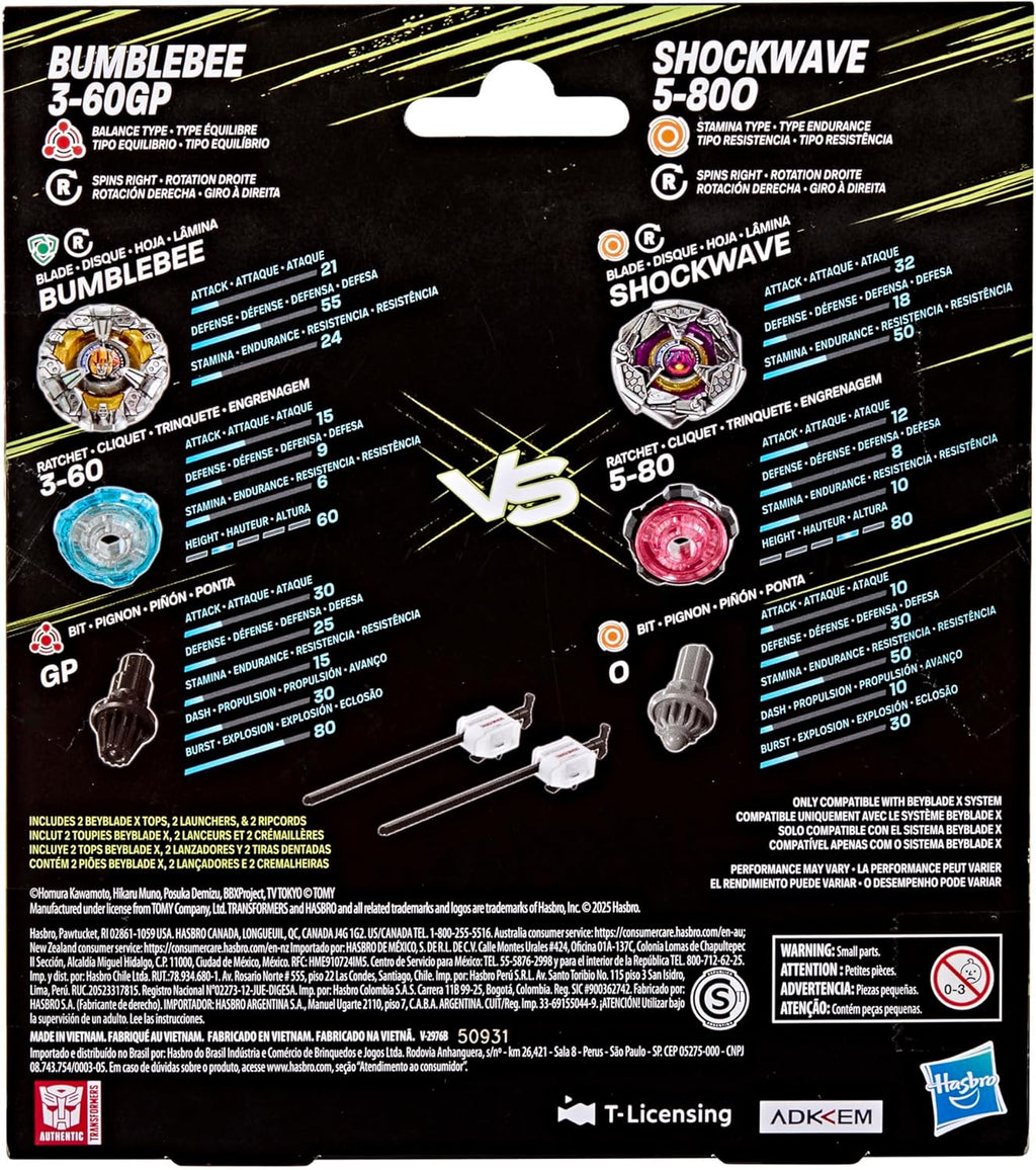Beyblade X and Transformers Collab, Bumblebee 3-60GP vs. Shockwave 5-80O, 2 Takara Tomy Tops, 2 Launchers, Battling Top Game Toys, Ages 8+ (Amazon Exclusive)