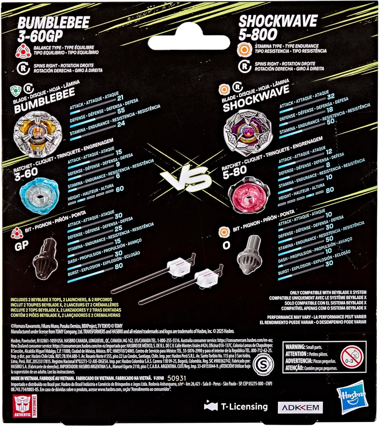 Beyblade X and Transformers Collab, Bumblebee 3-60GP vs. Shockwave 5-80O, 2 Takara Tomy Tops, 2 Launchers, Battling Top Game Toys, Ages 8+ (Amazon Exclusive)