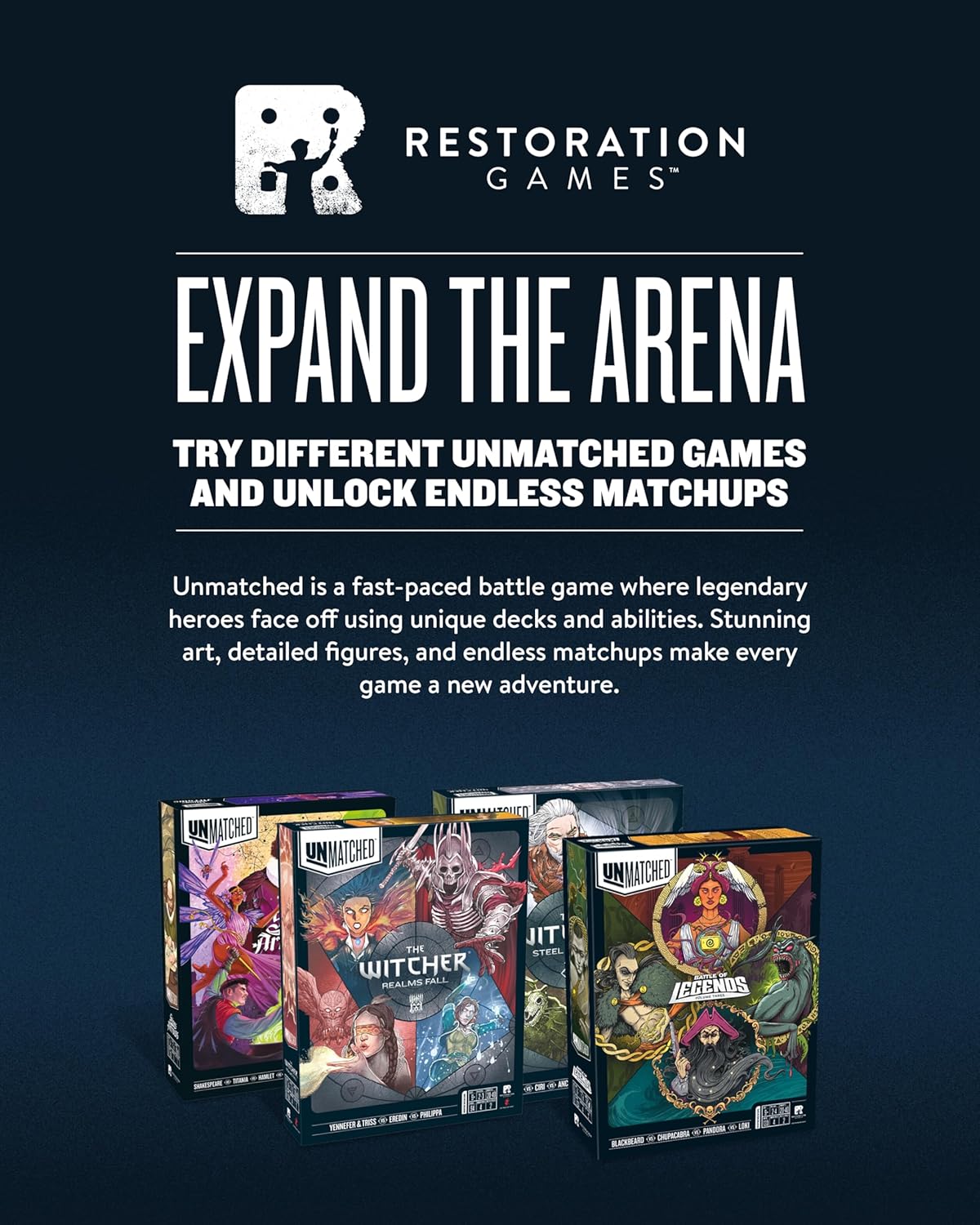 Restoration Games Unmatched Battle of Legends Vol 3 - Strategy Board Game for 2 to 4 Players - Expansion with 4 New Heroes and Battlefields - 20-40 Min Playtime - Ages 9+