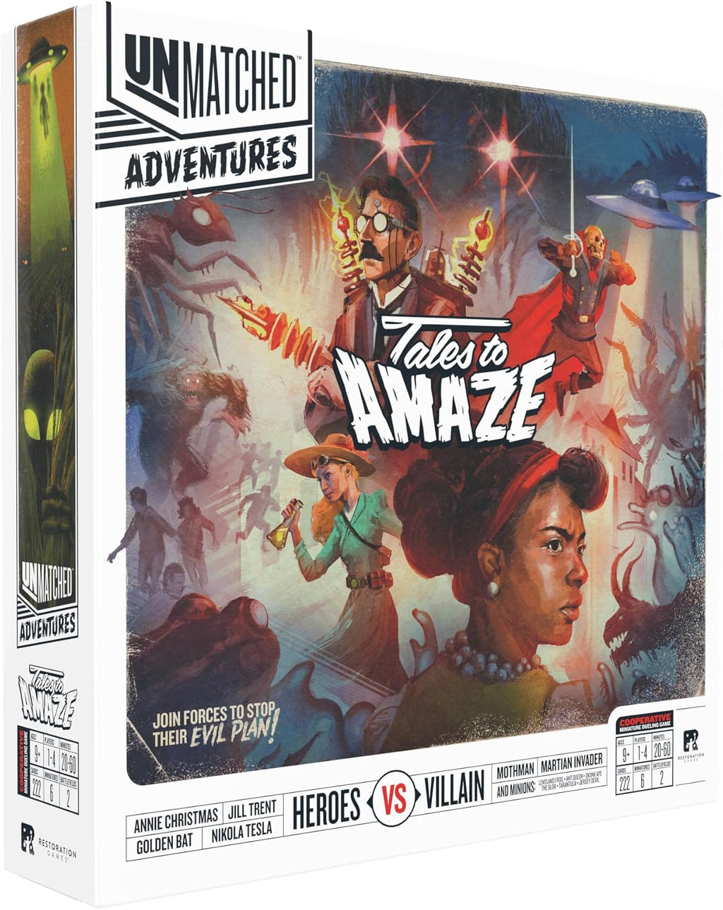 Restoration Games Unmatched Adventures Tales to Amaze - Cooperative Strategy Board Game for 1 to 4 Players - Heroes and Villains with Miniatures - 40-60 Min Playtime - Ages 9+