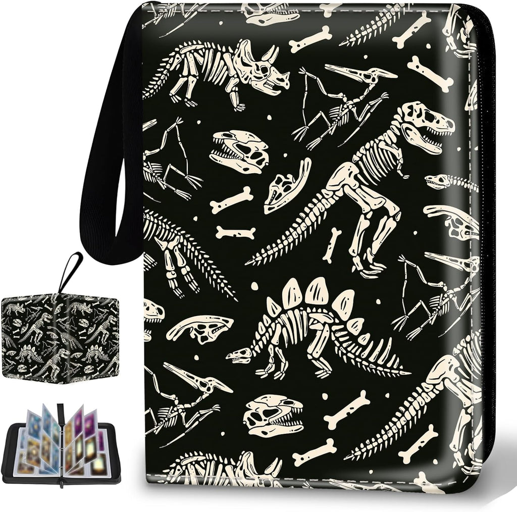 Collectible Trading Card Binder, 400 Card Holders with 50 Removable Sleeves, Portable 4 Pocket Trading Card Collection Albums for Photocard kpop MTG/TCG Game Sports Cards，Funny Dinosaur Bones