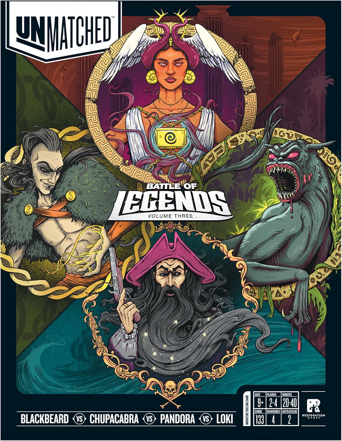 Restoration Games Unmatched Battle of Legends Vol 3 - Strategy Board Game for 2 to 4 Players - Expansion with 4 New Heroes and Battlefields - 20-40 Min Playtime - Ages 9+