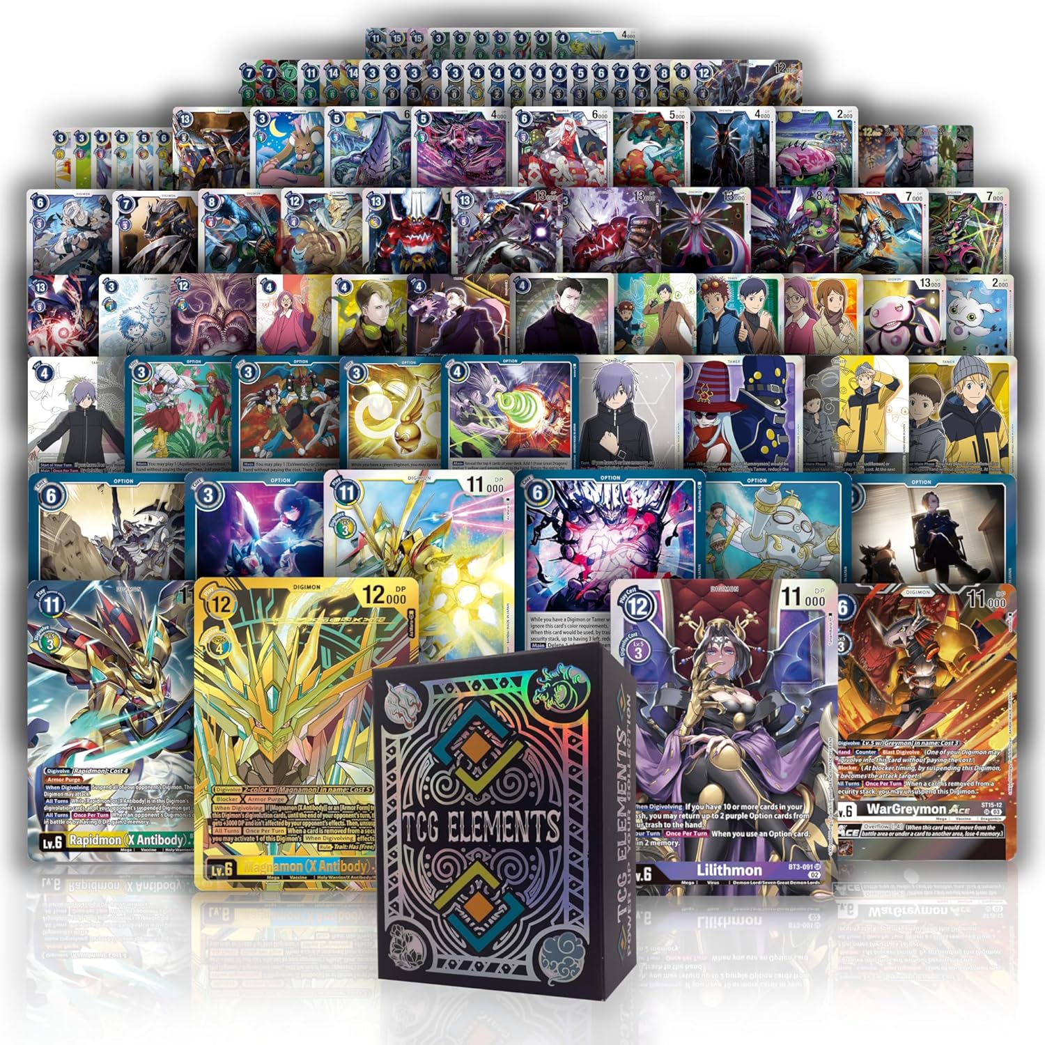 Digimon Ultra Rare Starter Bundle | 100 Authentic Cards | 99x C/UC | 15x Random Foils | 5 SR/ALT | TCG Elements Deck Box