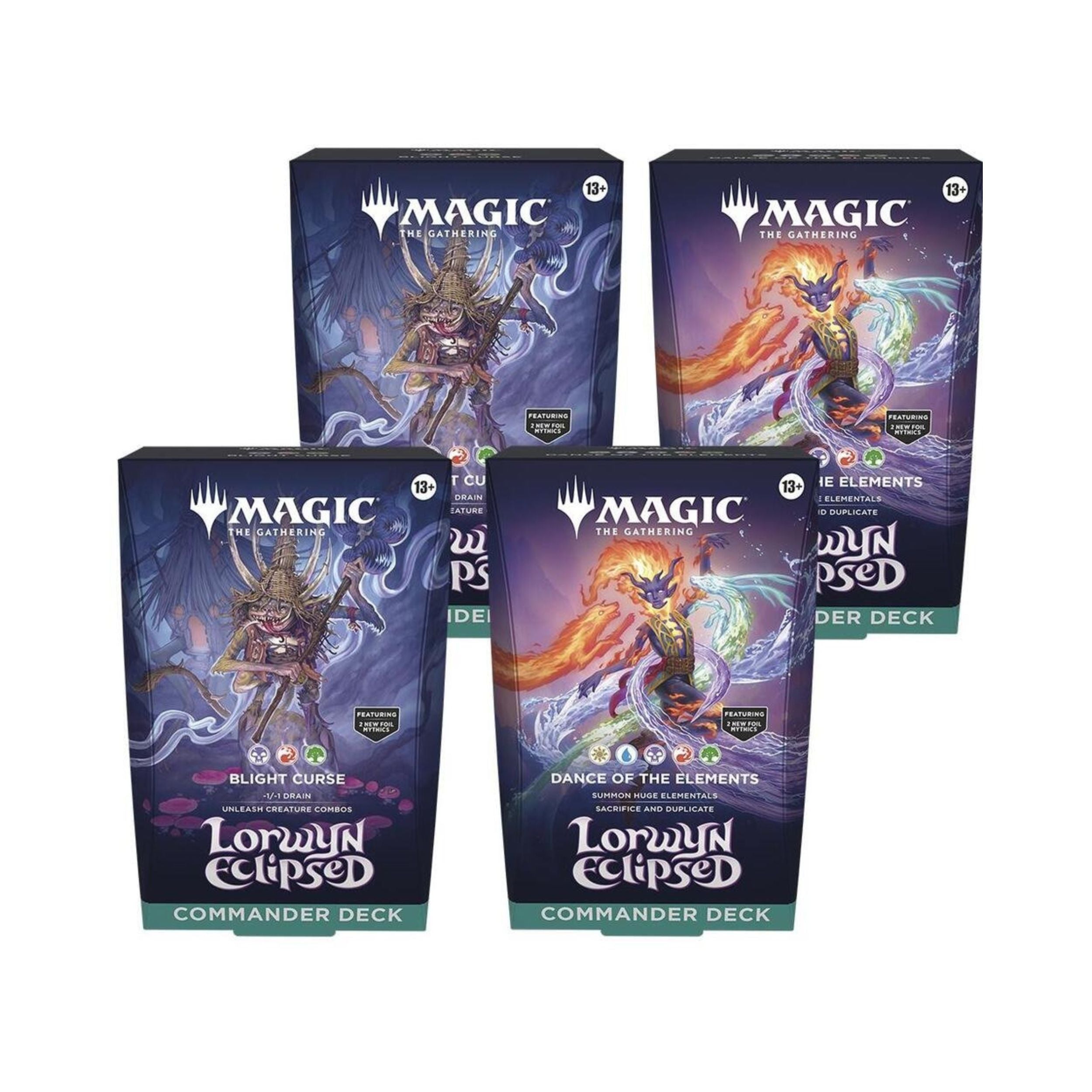 Magic: The Gathering Lorwyn Eclipsed - Commander Deck Set of 4 (2 Blight Curse and 2 Dance Of The Elements)  - Estimated Arrival: Jan. 2026 (PRE-ORDER)